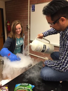 pouring liquid nitrogen into the ice cream maker