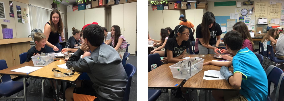 Nicole Ackerman and Alexis Kennedy-Larson work with students to discuss how a burning candle is a chemical reaction.